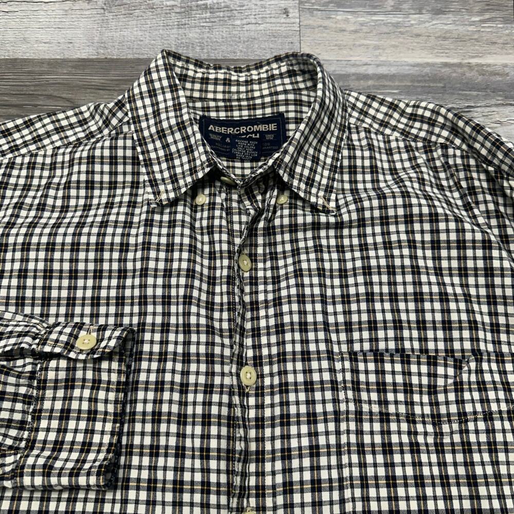 Vintage 90s Abercrombie & Fitch Tan White Plaid Mens M Button Up Flannel Shirt